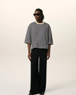 Ami Paris Navy Recycled Cotton Loose Striped T-Shirt NAVY BLUE/WHITE CREAM Best