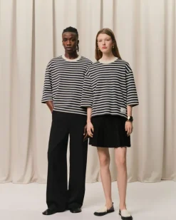 Ami Paris Navy Recycled Cotton Loose Striped T-Shirt NAVY BLUE/WHITE CREAM Best