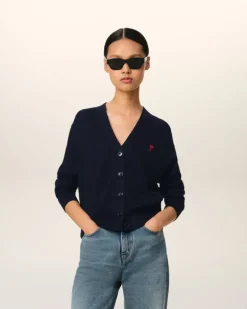 Ami Paris Navy Wool Ami de Coeur Cardigan NIGHT BLUE Online