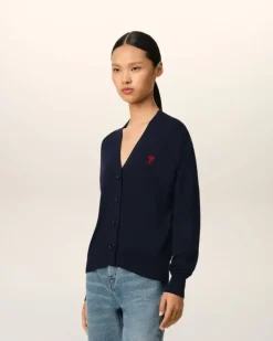 Ami Paris Navy Wool Ami de Coeur Cardigan NIGHT BLUE Online