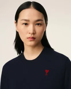 Ami Paris Navy Wool Ami de Coeur Crew Neck Sweater NIGHT BLUE New