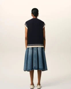 Ami Paris Navy Wool Ribbed Sleeveless V Neck Sweater NAVY BLUE Clearance