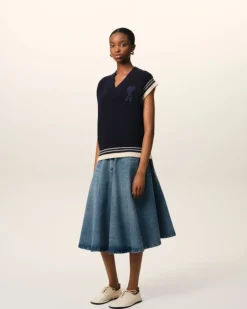 Ami Paris Navy Wool Ribbed Sleeveless V Neck Sweater NAVY BLUE Clearance