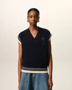 Ami Paris Navy Wool Ribbed Sleeveless V Neck Sweater NAVY BLUE Clearance