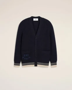 Ami Paris Navy Wool Ribbed Sweater NAVY BLUE Cheap