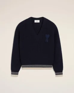 Ami Paris Navy Wool Ribbed V Neck Sweater NAVY BLUE Outlet
