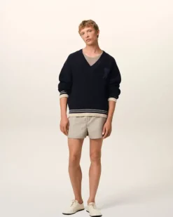 Ami Paris Navy Wool Ribbed V Neck Sweater NAVY BLUE Outlet