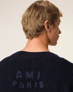Ami Paris Navy Wool Ribbed V Neck Sweater NAVY BLUE Outlet