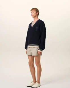 Ami Paris Navy Wool Ribbed V Neck Sweater NAVY BLUE Outlet