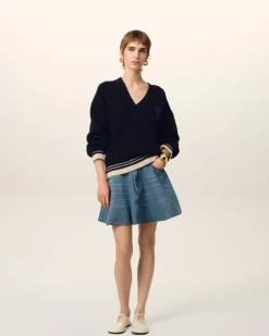 Ami Paris Navy Wool Ribbed V Neck Sweater NAVY BLUE Outlet