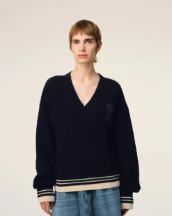 Ami Paris Navy Wool Ribbed V Neck Sweater NAVY BLUE Outlet