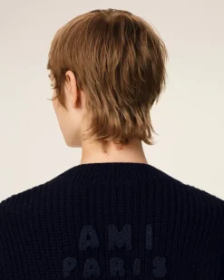Ami Paris Navy Wool Ribbed V Neck Sweater NAVY BLUE Outlet