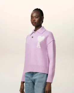 Ami Paris Purple Wool Ami de Coeur Polo LILAC/OFF WHITE Hot
