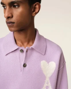 Ami Paris Purple Wool Ami de Coeur Polo LILAC/OFF WHITE Hot