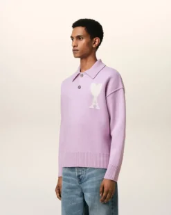 Ami Paris Purple Wool Ami de Coeur Polo LILAC/OFF WHITE Hot