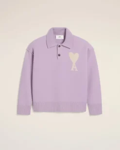 Ami Paris Purple Wool Ami de Coeur Polo LILAC/OFF WHITE Hot