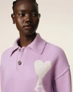 Ami Paris Purple Wool Ami de Coeur Polo LILAC/OFF WHITE Hot