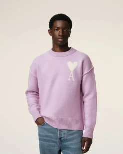 Ami Paris Purple Wool Ami de Coeur Sweater LILAC/OFF WHITE New
