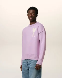 Ami Paris Purple Wool Ami de Coeur Sweater LILAC/OFF WHITE New