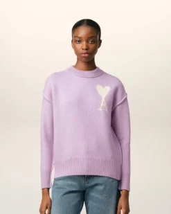 Ami Paris Purple Wool Ami de Coeur Sweater LILAC/OFF WHITE New