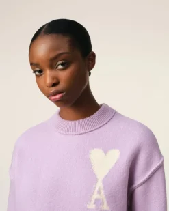 Ami Paris Purple Wool Ami de Coeur Sweater LILAC/OFF WHITE New