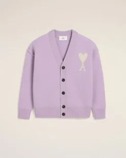 Ami Paris Purple Wool Ami de Coeur Cardigan LILAC/OFF WHITE Online