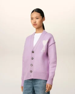 Ami Paris Purple Wool Ami de Coeur Cardigan LILAC/OFF WHITE Online