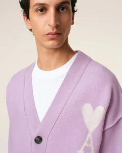 Ami Paris Purple Wool Ami de Coeur Cardigan LILAC/OFF WHITE Online