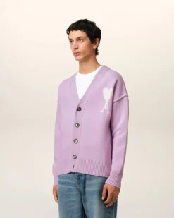 Ami Paris Purple Wool Ami de Coeur Cardigan LILAC/OFF WHITE Online