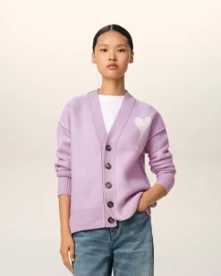 Ami Paris Purple Wool Ami de Coeur Cardigan LILAC/OFF WHITE Online