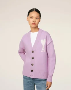 Ami Paris Purple Wool Ami de Coeur Cardigan LILAC/OFF WHITE Online
