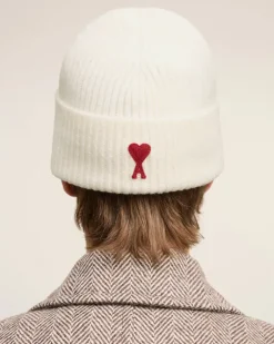 Ami Paris Red Ami de Coeur Beanie OFF WHITE/ RED Discount