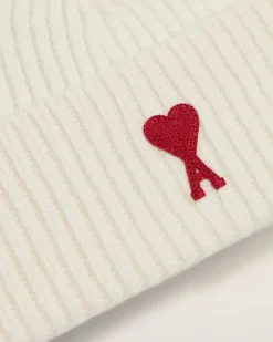 Ami Paris Red Ami de Coeur Beanie OFF WHITE/ RED Discount