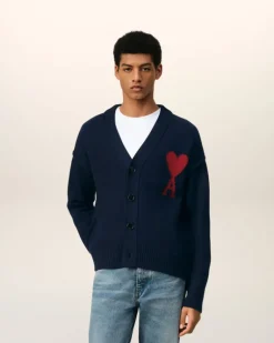 Ami Paris Red Ami de Coeur Cardigan NIGHT BLUE/RED Fashion