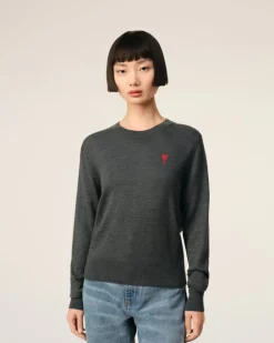 Ami Paris Red Ami de Coeur Crew Neck Sweater HEATHER GREY Store