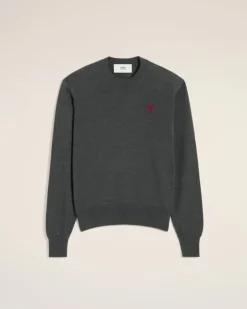Ami Paris Red Ami de Coeur Crew Neck Sweater HEATHER GREY Fashion