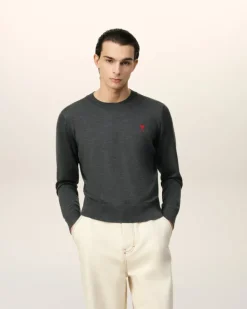 Ami Paris Red Ami de Coeur Crew Neck Sweater HEATHER GREY Fashion