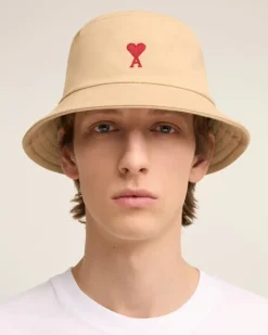 Ami Paris Red Ami de Coeur Embroidery Bucket Hat SAND Best Sale