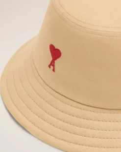 Ami Paris Red Ami de Coeur Embroidery Bucket Hat SAND Best Sale