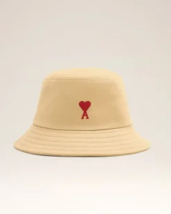 Ami Paris Red Ami de Coeur Embroidery Bucket Hat SAND Best Sale
