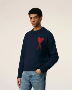 Ami Paris Red Ami de Coeur Sweater NIGHT BLUE/RED Cheap