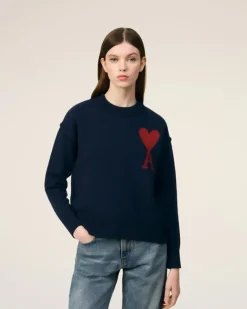 Ami Paris Red Ami de Coeur Sweater NIGHT BLUE/RED Cheap
