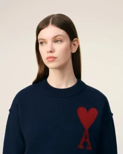 Ami Paris Red Ami de Coeur Sweater NIGHT BLUE/RED Cheap