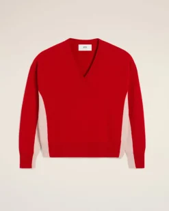 Ami Paris Red Wool Knit Bicolor V Neck Sweater POPPY/MASTIC Sale