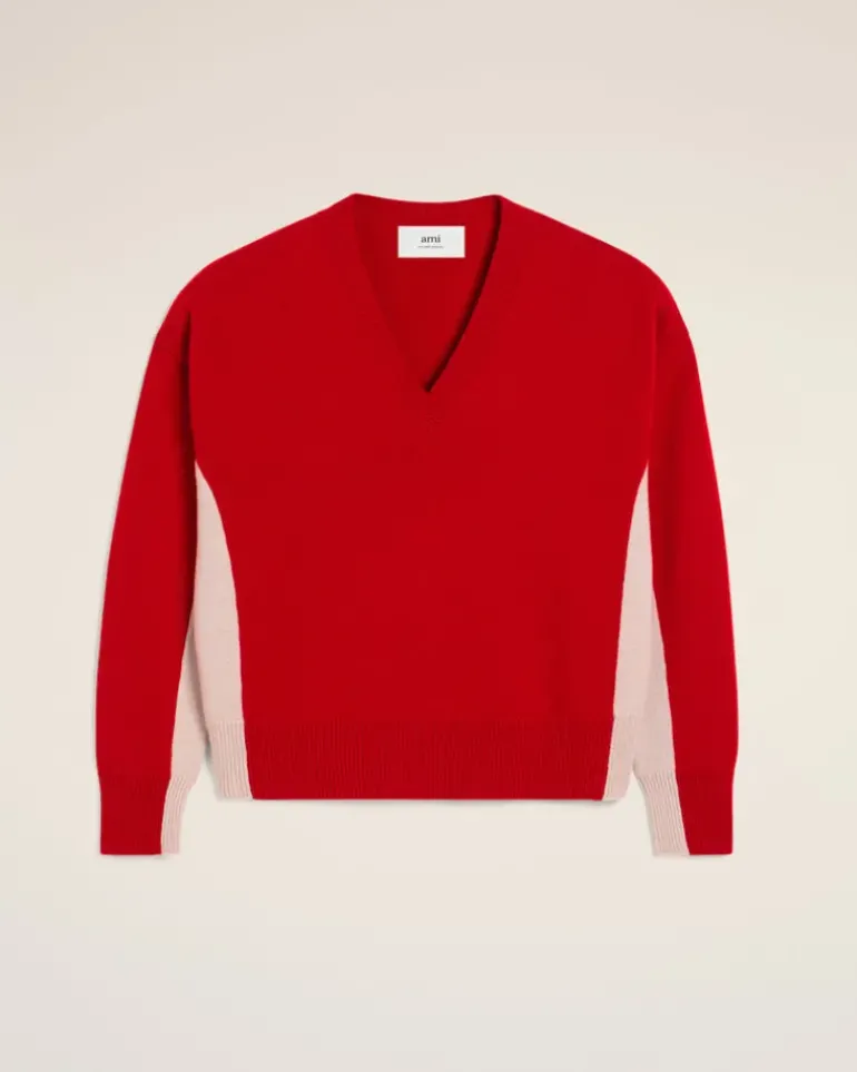 Ami Paris Red Wool Knit Bicolor V Neck Sweater POPPY/MASTIC Sale