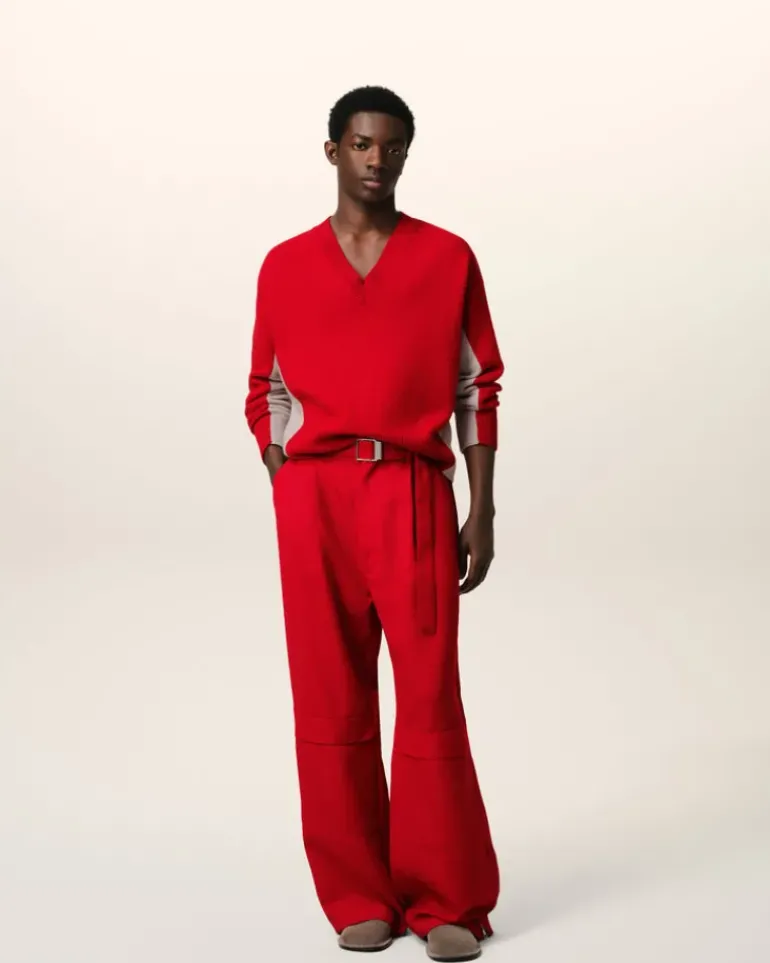 Ami Paris Red Wool Knit Bicolor V Neck Sweater POPPY/MASTIC Sale