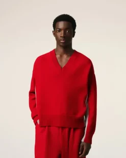 Ami Paris Red Wool Knit Bicolor V Neck Sweater POPPY/MASTIC Sale