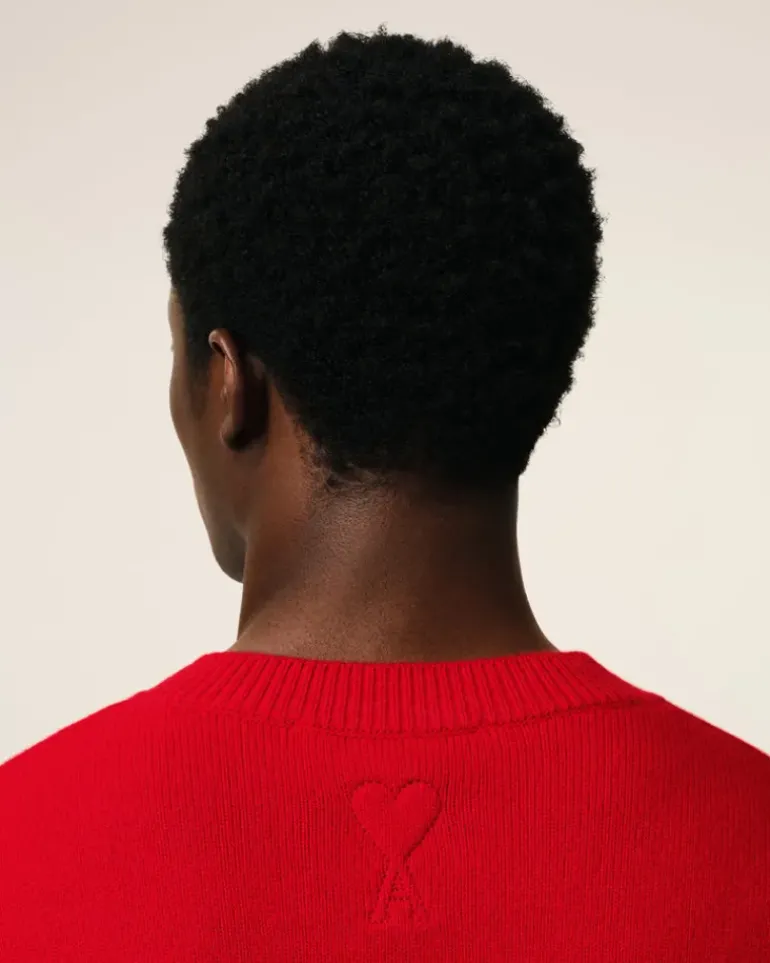 Ami Paris Red Wool Knit Bicolor V Neck Sweater POPPY/MASTIC Sale