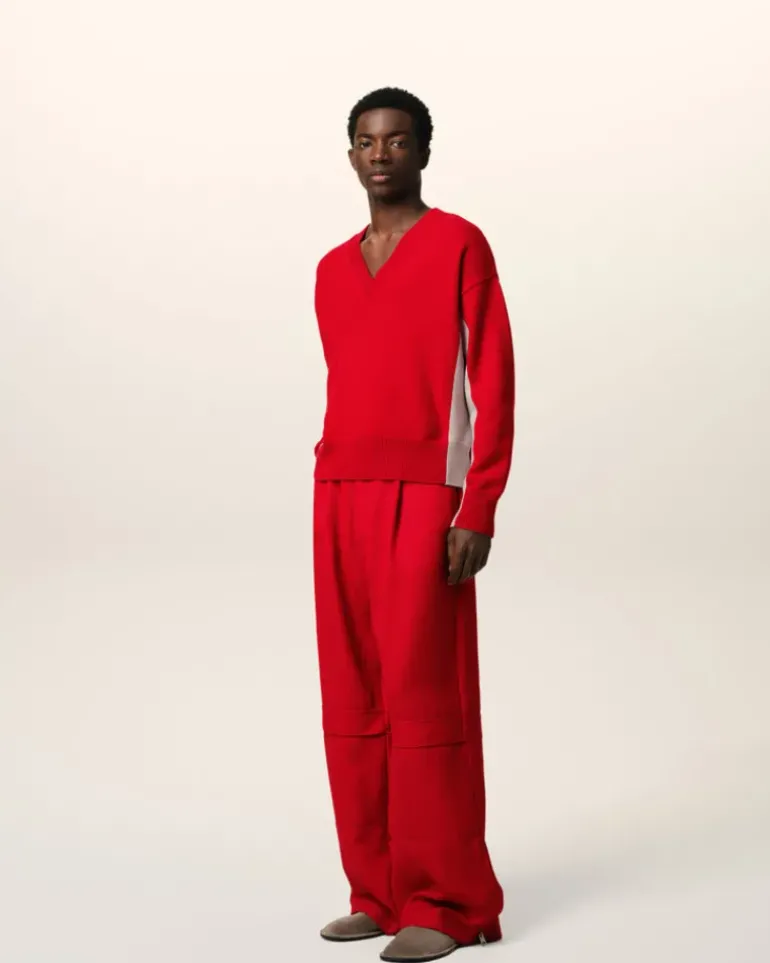 Ami Paris Red Wool Knit Bicolor V Neck Sweater POPPY/MASTIC Sale