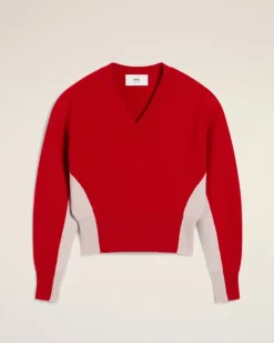 Ami Paris Red Wool Knit Bicolor V Neck Sweater POPPY/MASTIC Discount